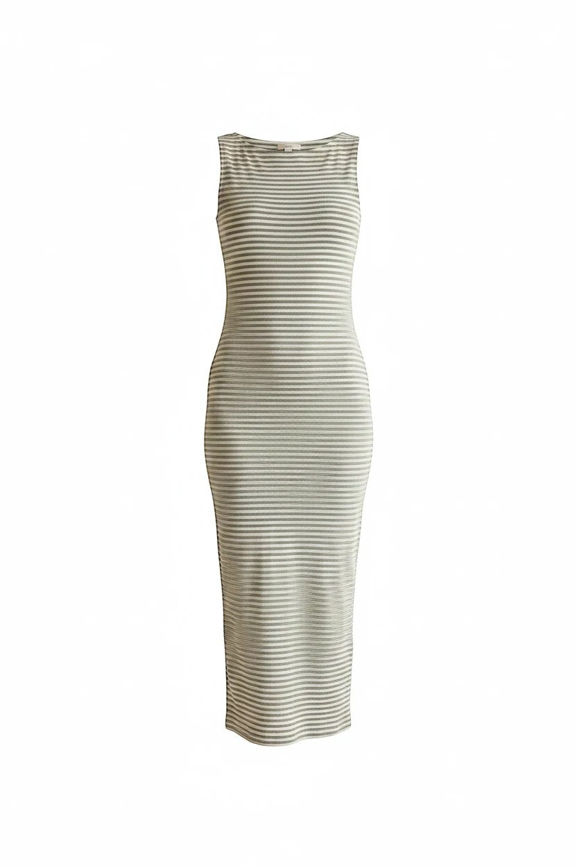 Striped sleeveless boat neck midi dress by Active Basic, showing a relaxed fit and stylish design on lightweight rayon blend fabric.