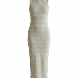 Striped sleeveless boat neck midi dress by Active Basic, showing a relaxed fit and stylish design on lightweight rayon blend fabric.