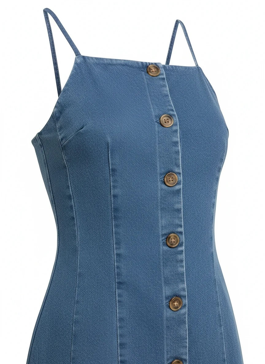 Blue denim button-up vest with spaghetti straps from Active Basic, styled as a casual tops basics piece.