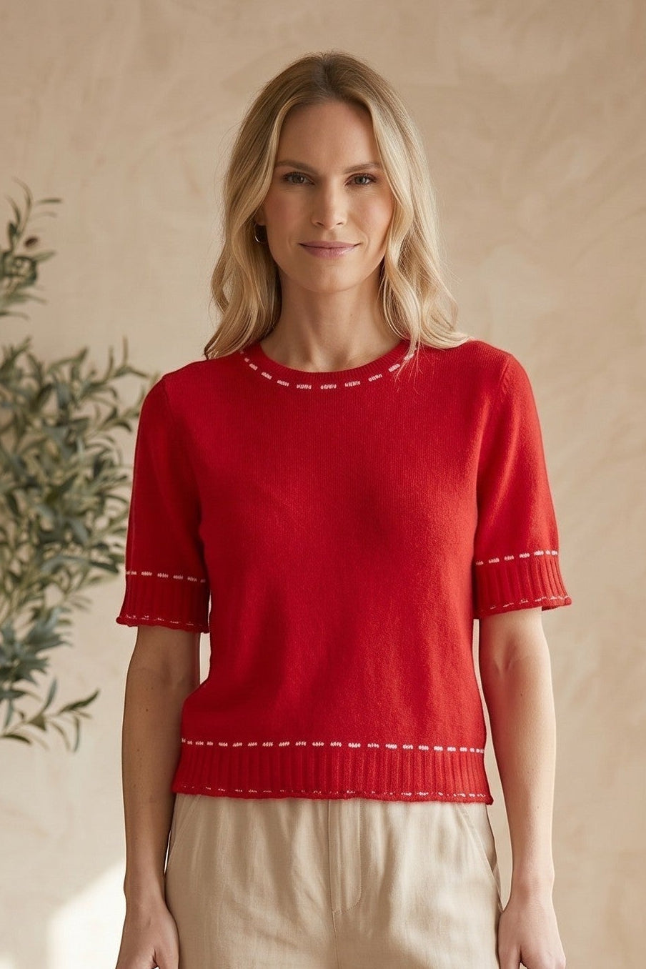 Red and white short sleeve round neck sweater by Active Basic, featuring white stitching, perfect for casual tops.