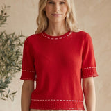 Red and white short sleeve round neck sweater by Active Basic, featuring white stitching, perfect for casual tops.