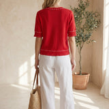 Red and white short sleeve round neck sweater from Active Basic, featuring white stitching, casual tops for everyday wear.