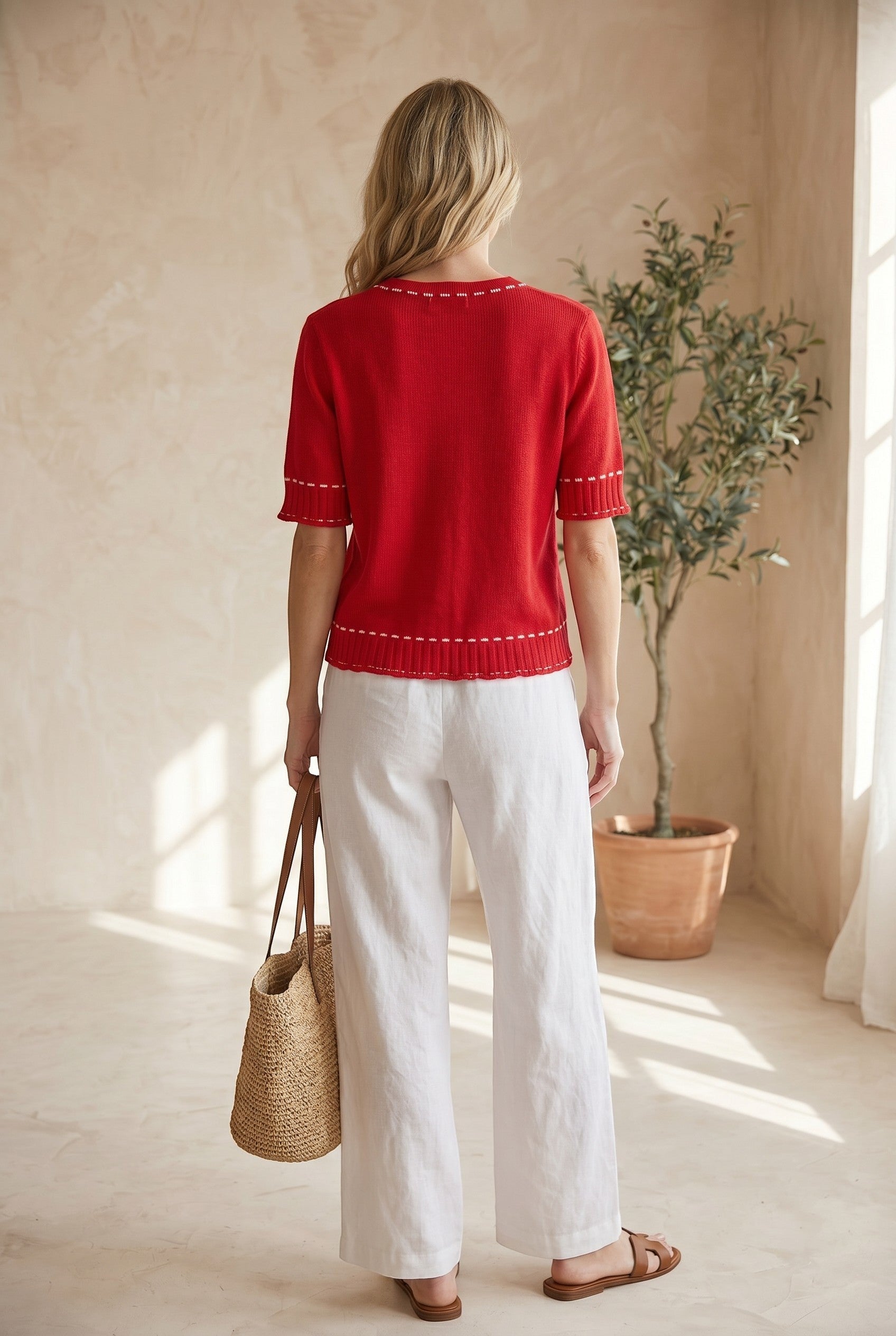 Red and white short sleeve round neck sweater from Active Basic, featuring white stitching, casual tops for everyday wear.