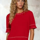 Red short sleeve sweater with round neck and stitching detail, casual basic top by Active Basic.