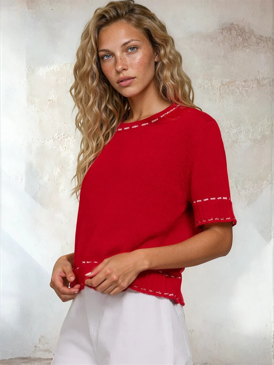 Red and white short sleeve round neck sweater from Active Basic with subtle stitching details, perfect for casual tops.