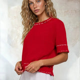 Red and white short sleeve round neck sweater from Active Basic with subtle stitching details, perfect for casual tops.