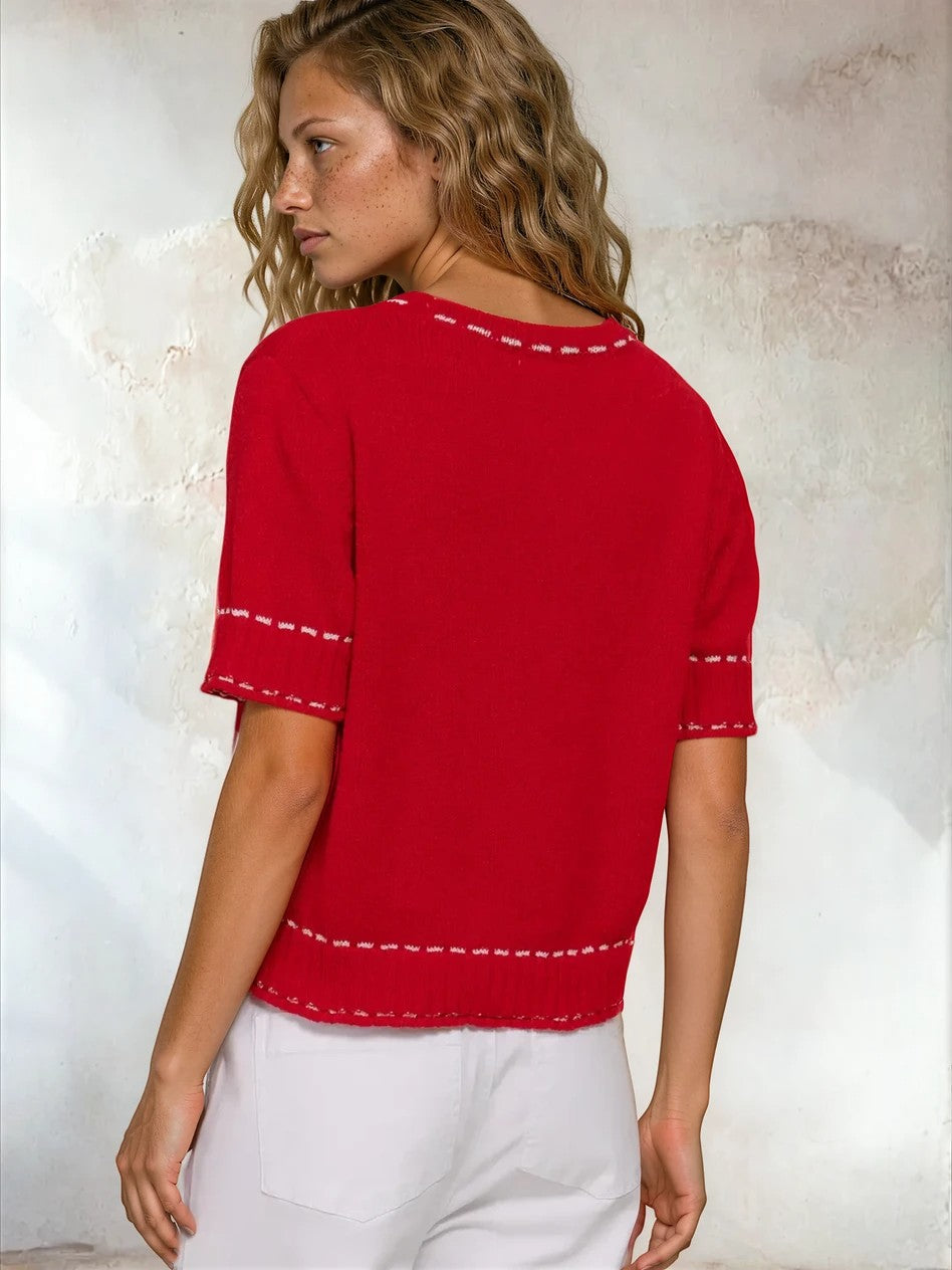Red and white short sleeve round neck sweater from Active Basic, featuring white stitching, displayed on a neutral background.