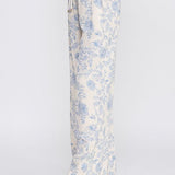 Allie Rose floral linen pants in blue with small blossom print, casual bottoms with relaxed fit and lightweight fabric.