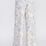 Allie Rose floral linen pants with small blue blossom print, relaxed fit bottoms for casual or summer wear.
