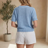 Allie Rose off-white eyelet drawstring linen shorts for women, casual bottom with breathable fabric and stylish design.