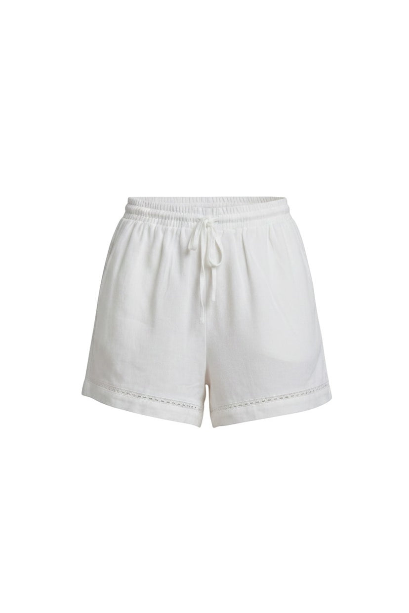 Off-white Allie Rose eyelet drawstring linen shorts, casual bottoms with breathable fabric and adjustable waist.