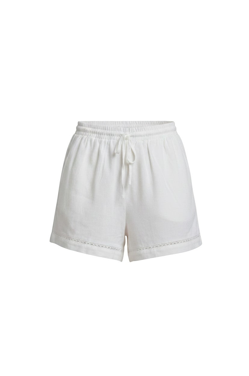 Off-white Allie Rose eyelet drawstring linen shorts, casual bottoms with breathable fabric and adjustable waist.