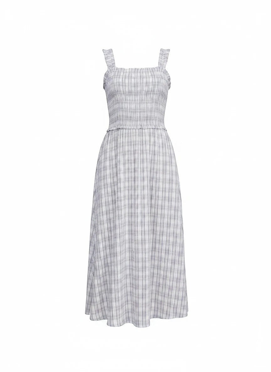 Allie Rose plaid print smocked midi dress featuring blue and small plaid pattern, sleeveless design, and fitted bodice.