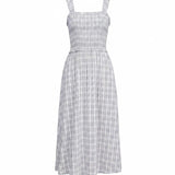 Allie Rose plaid print smocked midi dress featuring blue and small plaid pattern, sleeveless design, and fitted bodice.