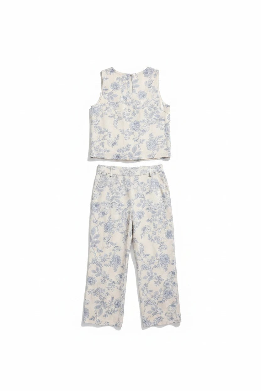 Allie Rose floral linen top paired with matching pants, lightweight and breathable, perfect for casual summer wear.