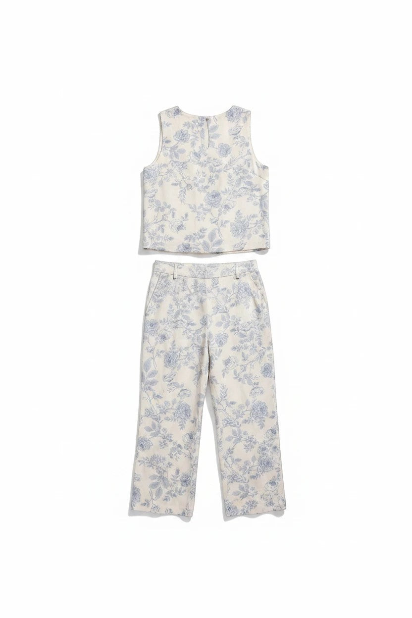Allie Rose floral linen top with a lightweight, flowy design, paired with matching pants, perfect for casual and summer wear.