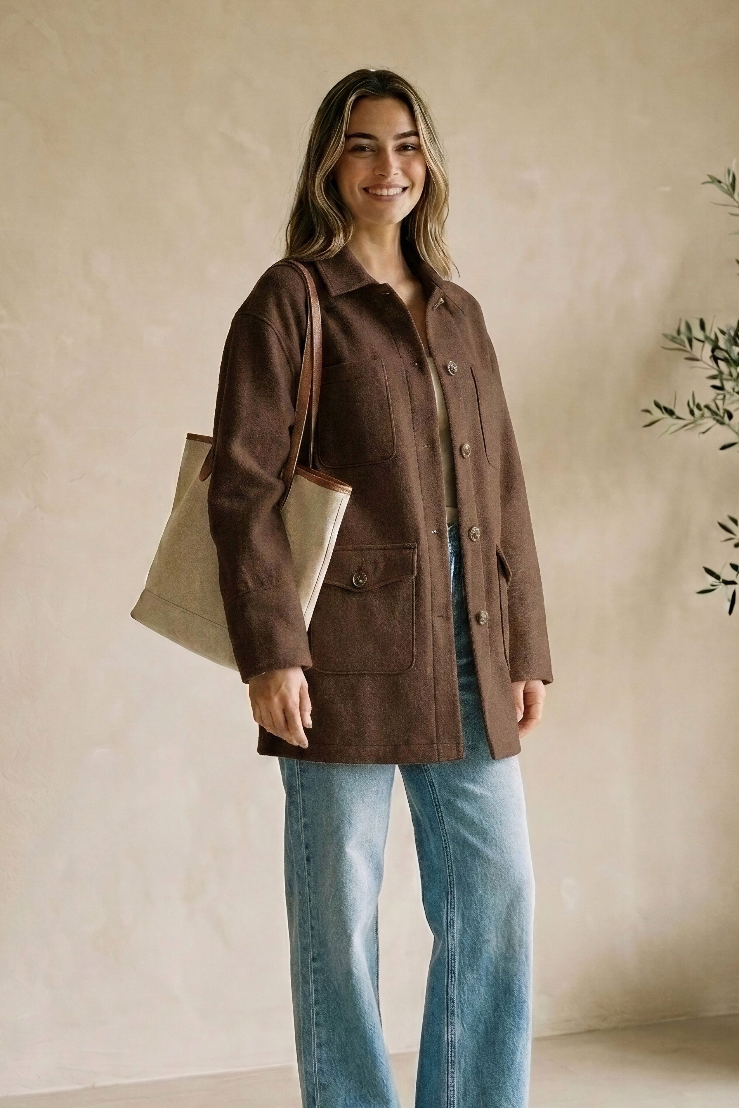 Woman in a brown coat and blue jeans standing indoors with a plant in the background