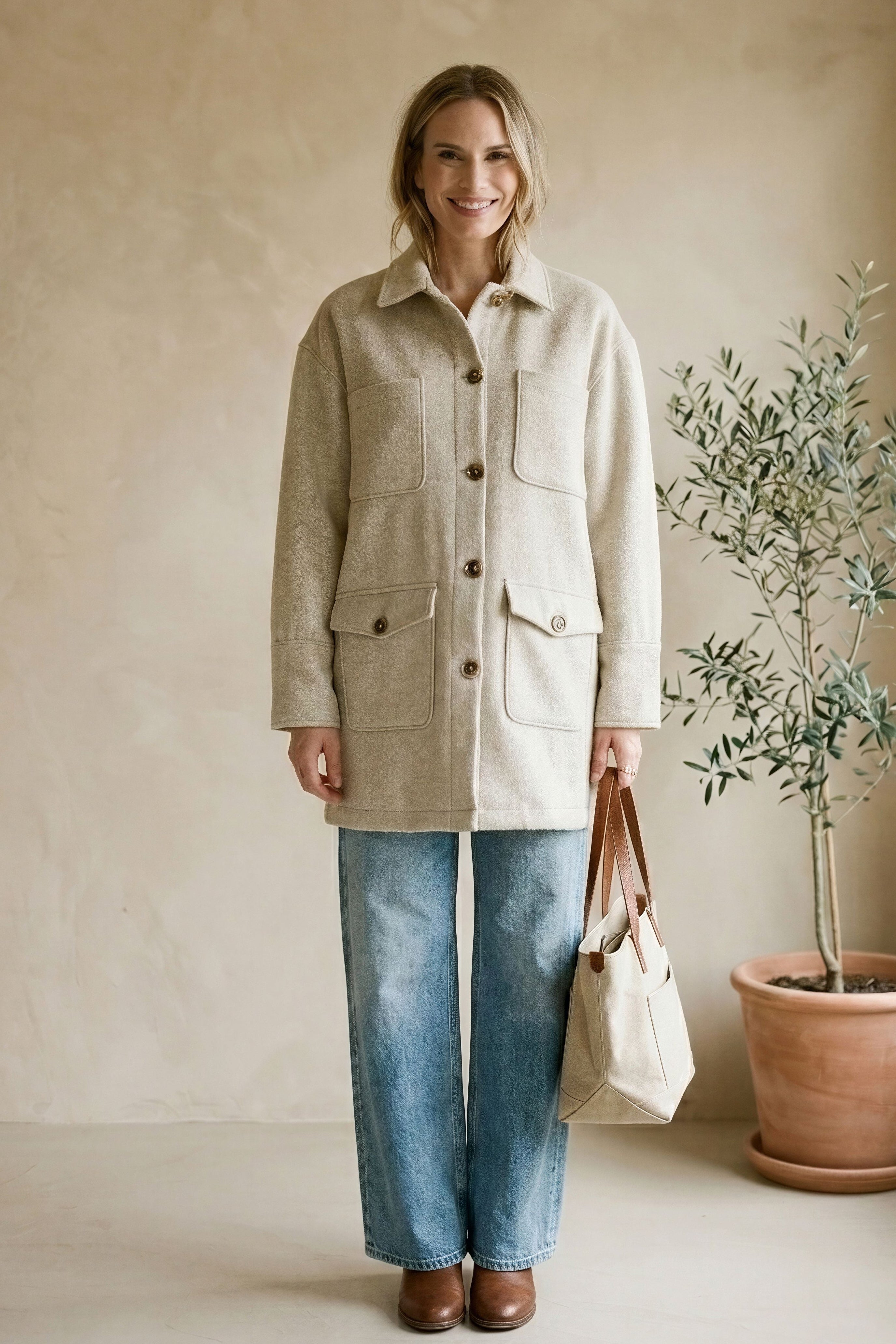 Woman wearing a beige coat and blue jeans standing in a room with a plant and bag.