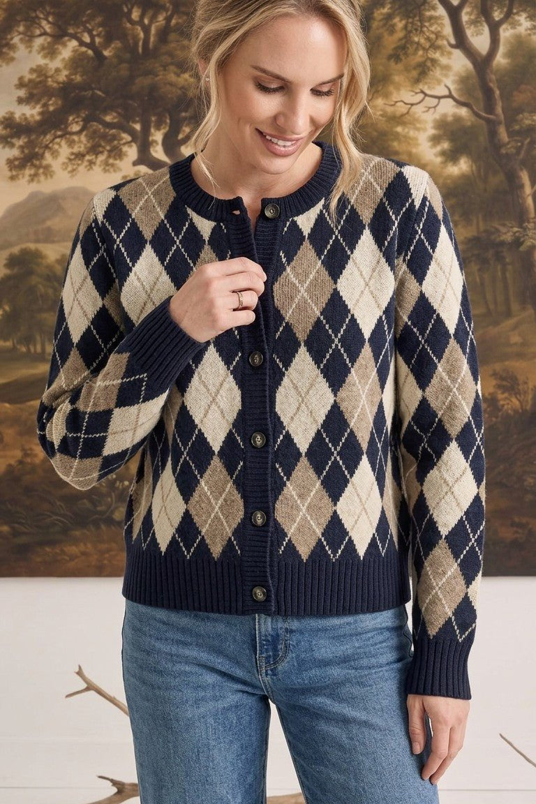 Argyle Button Up Sweater Navy
