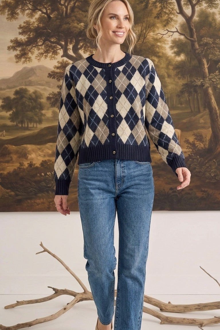 Argyle Button Up Sweater Navy