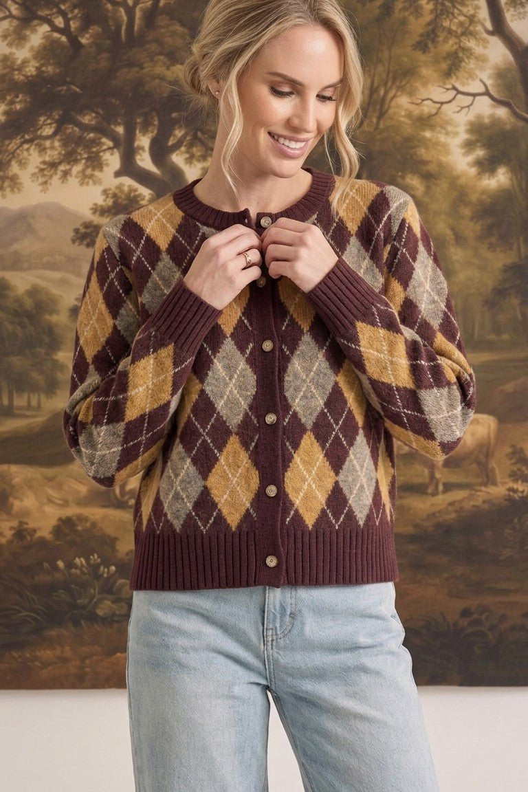 Argyle Button Up Sweater Wine