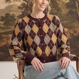 Argyle Button Up Sweater Wine