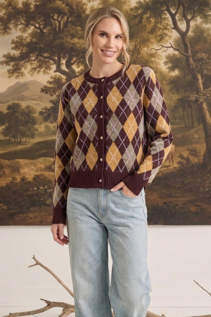 Argyle Button Up Sweater Wine