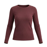 graced Basic Baby long sleeve top in deep burgundy ribbed knit fabric with a fitted crew neck silhouette