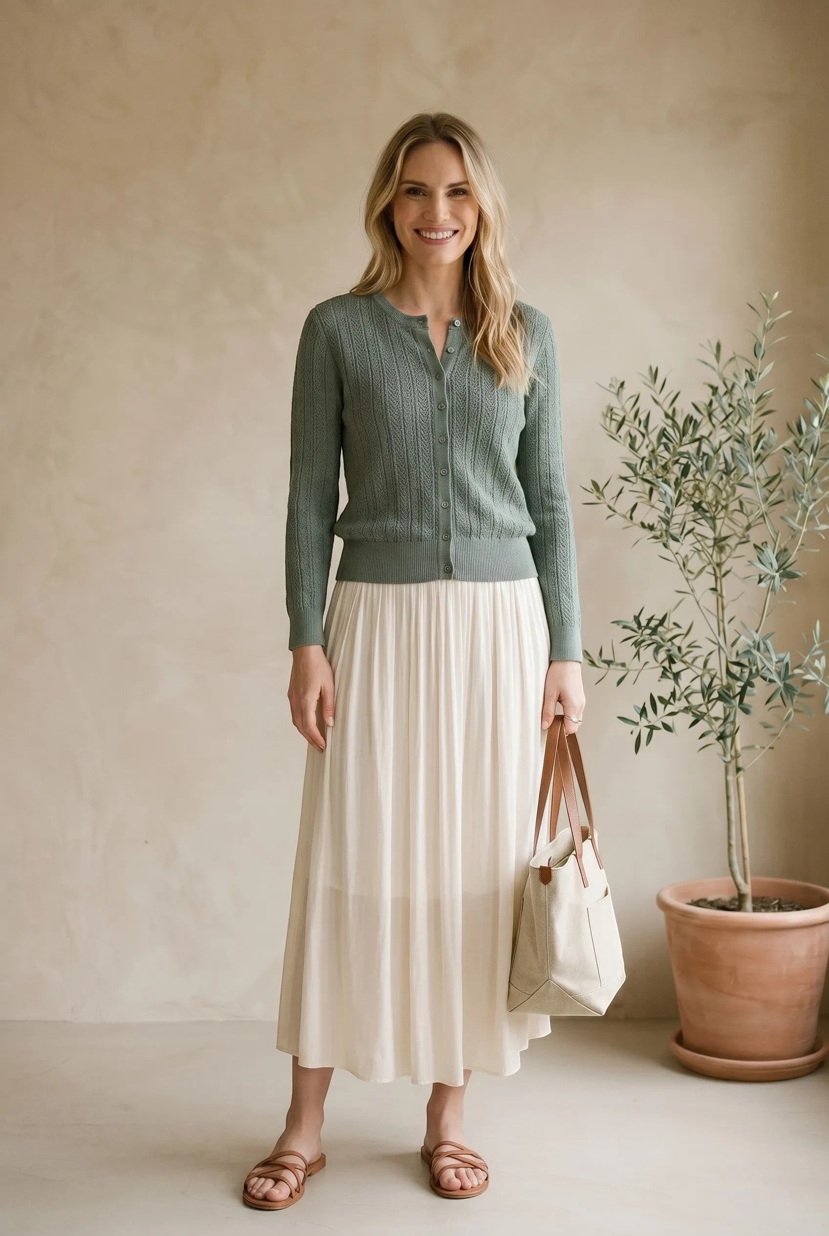Cream Be Cool smocked waist midi skirt made of rayon, featuring a flowy silhouette and gathered details at the waist.