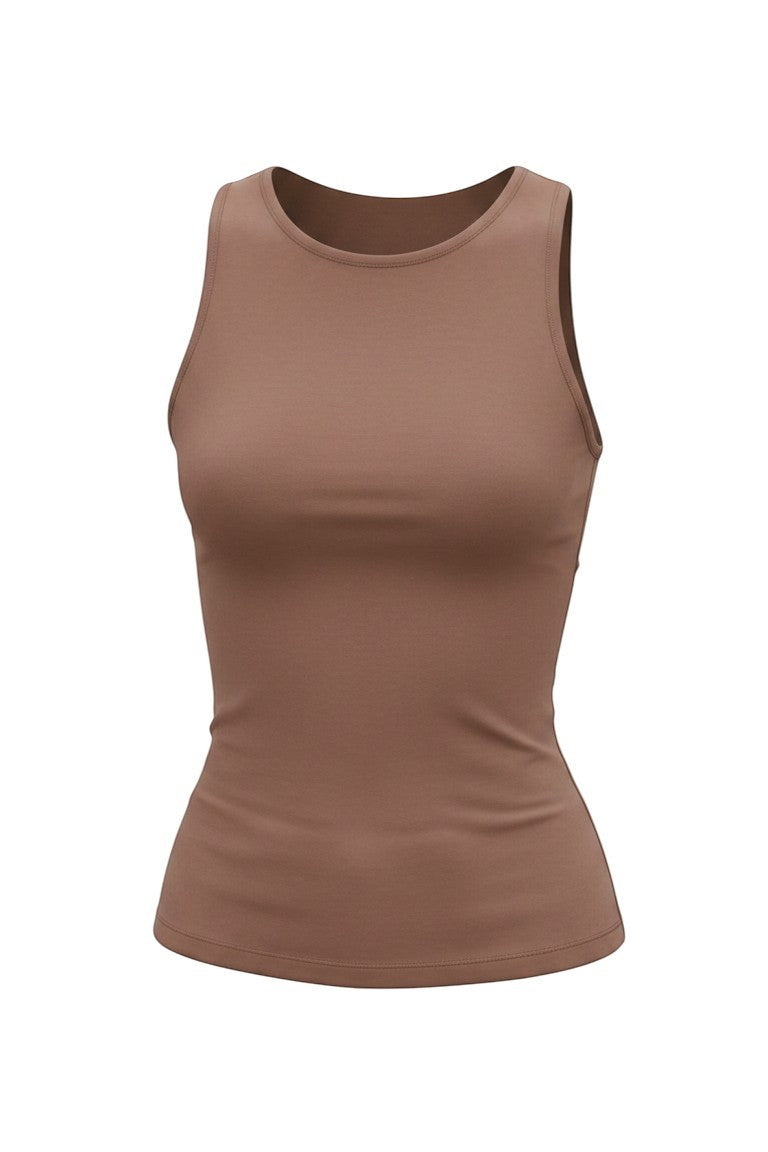 Be Cool The Gretta Top Milk Chocolate, a basic women's top in milk chocolate color, shown on a hanger.