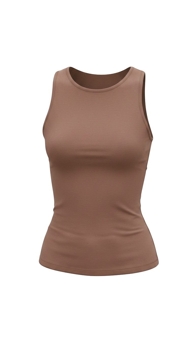 Be Cool The Gretta Top Milk Chocolate, a basic women's top in milk chocolate color, shown on a hanger.