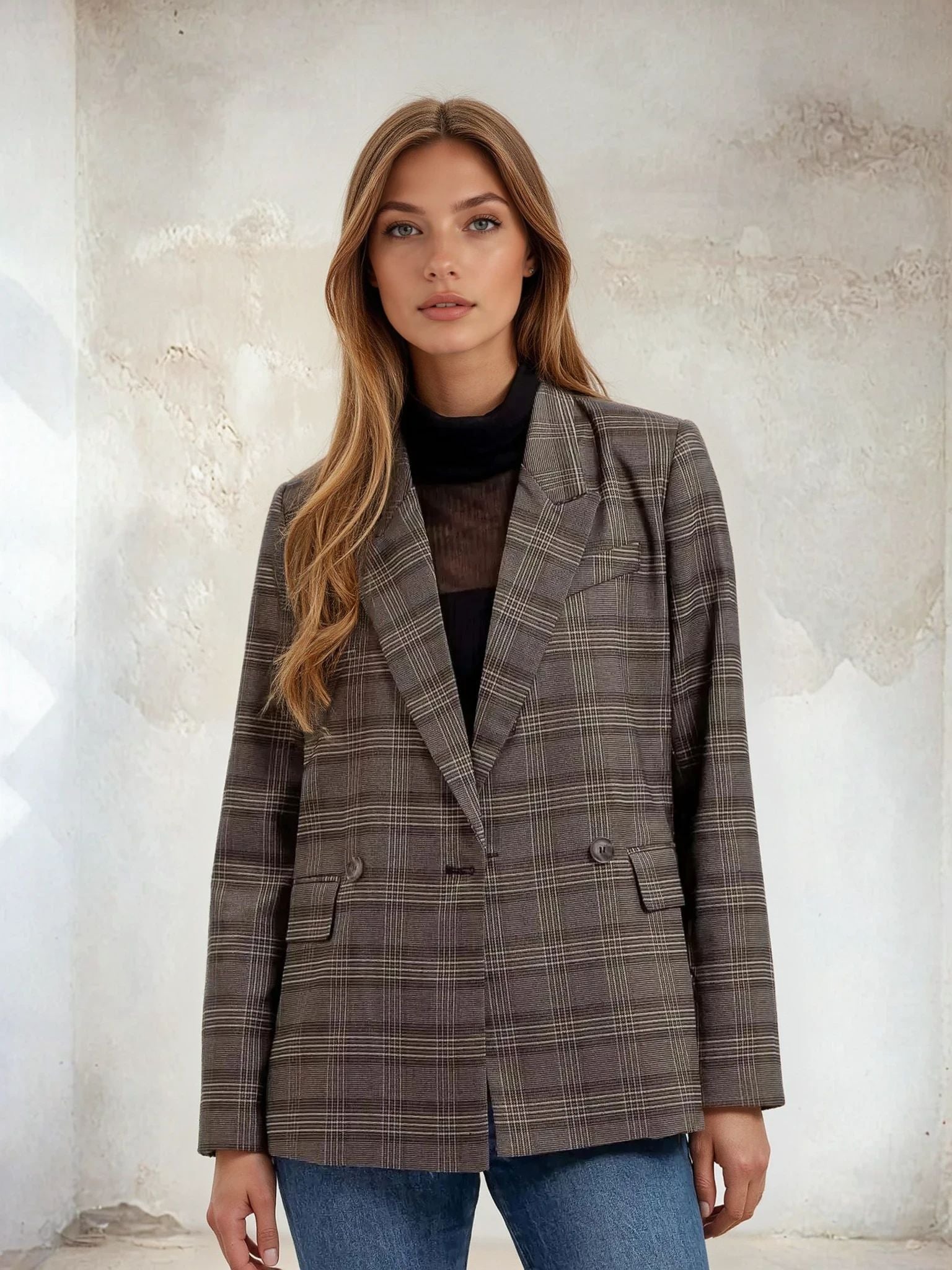 Plaid Collared Blazer Charcoal