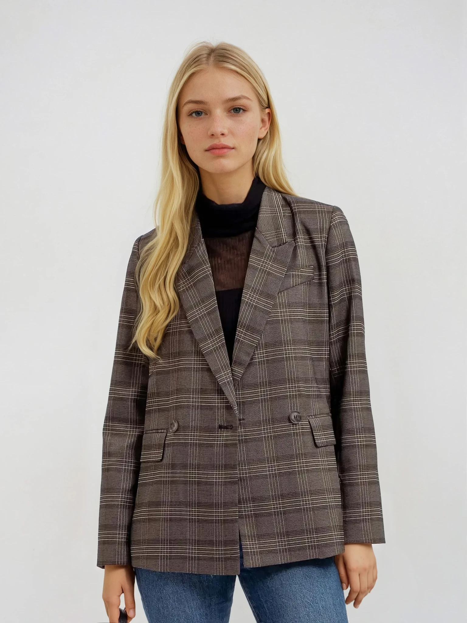 Plaid Collared Blazer Charcoal