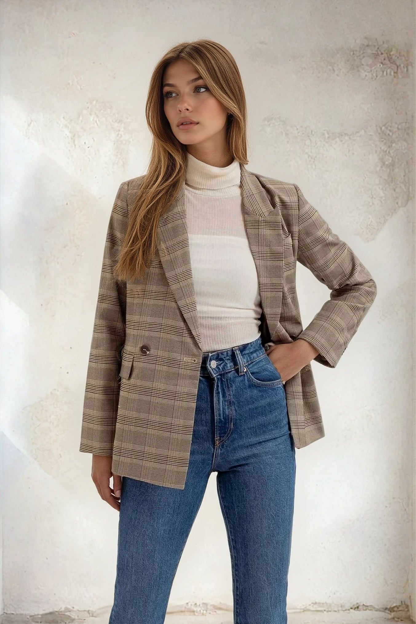 Plaid Collared Blazer Khaki