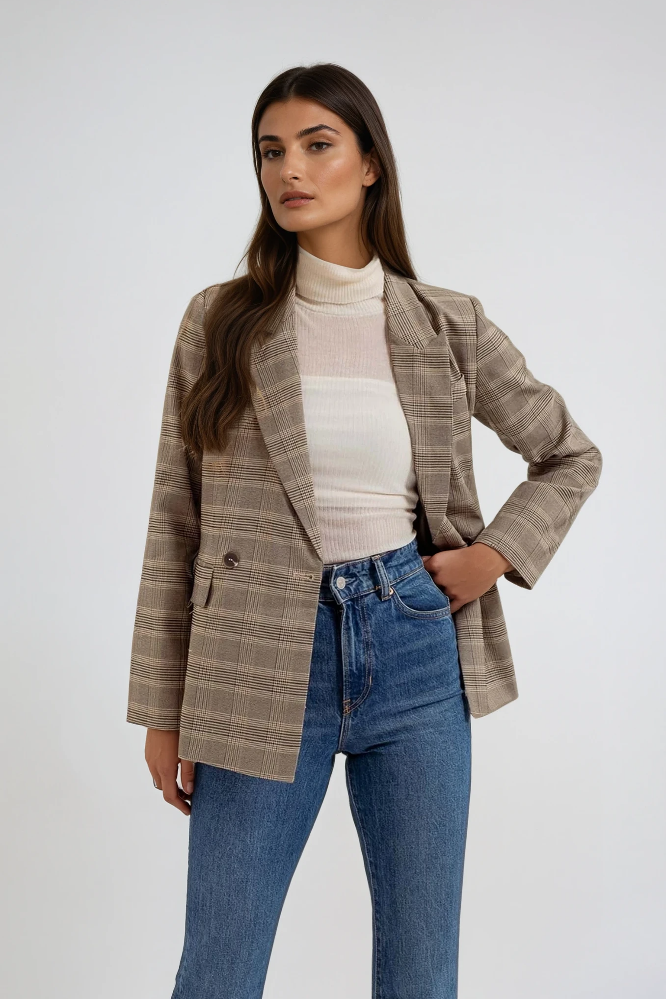 Plaid Collared Blazer Khaki