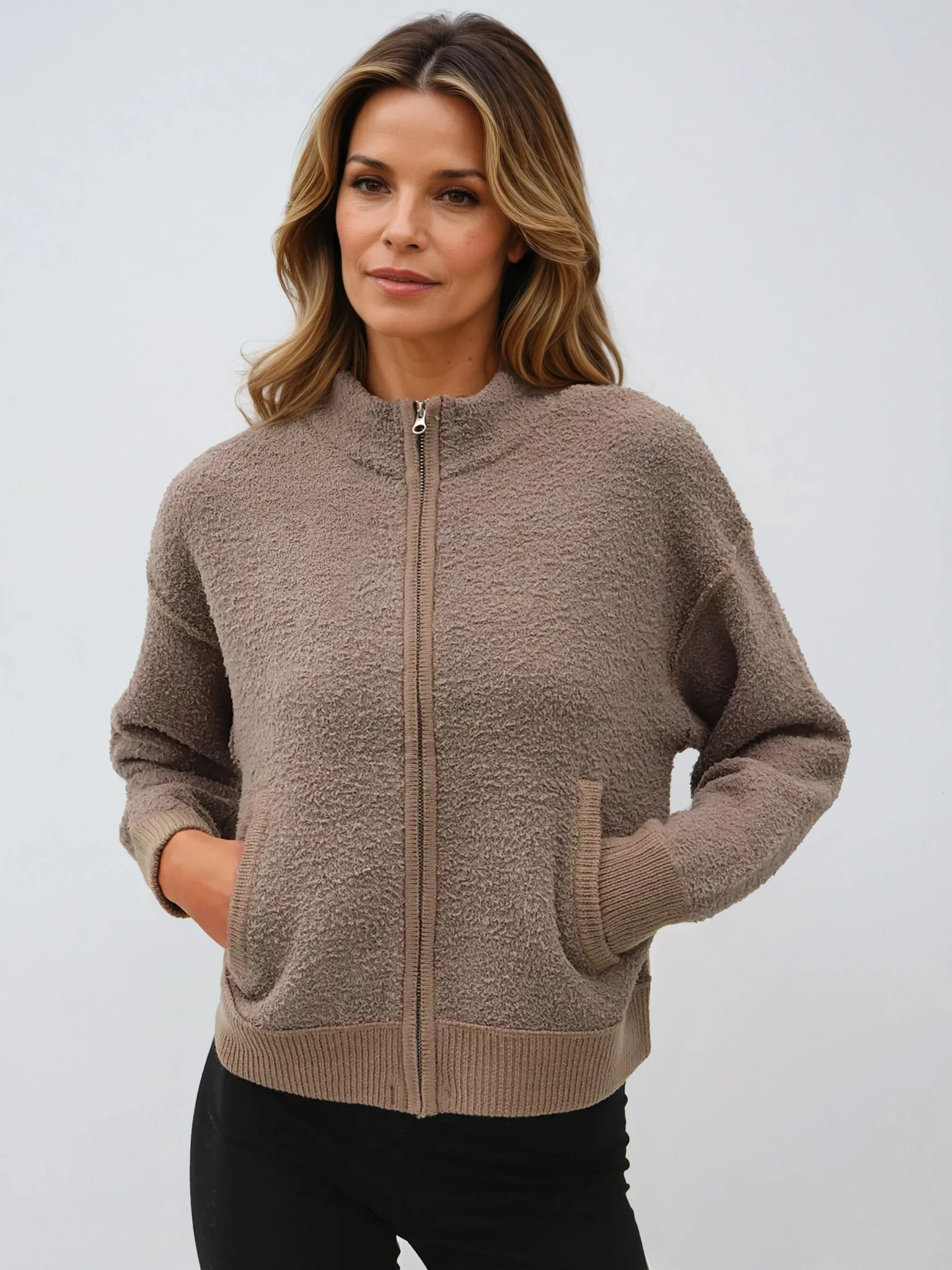 Soft Zip Up Cardigan Brown