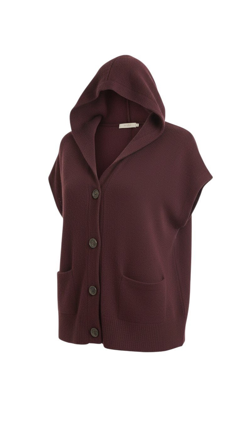 graced burgundy button down sleeveless hoodie with front pockets and a relaxed knit fit