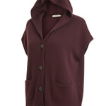 graced burgundy button down sleeveless hoodie with front pockets and a relaxed knit fit