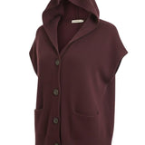 graced burgundy button down sleeveless hoodie with front pockets and a relaxed knit fit