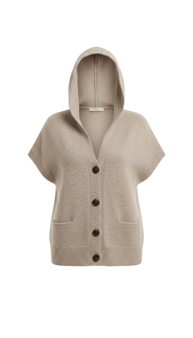 graced taupe button down hoodie top with short sleeves and front pockets in a soft knit fabric