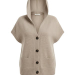 graced taupe button down hoodie top with short sleeves and front pockets in a soft knit fabric