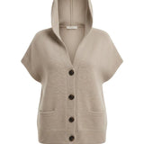 graced taupe button down hoodie top with short sleeves and front pockets in a soft knit fabric
