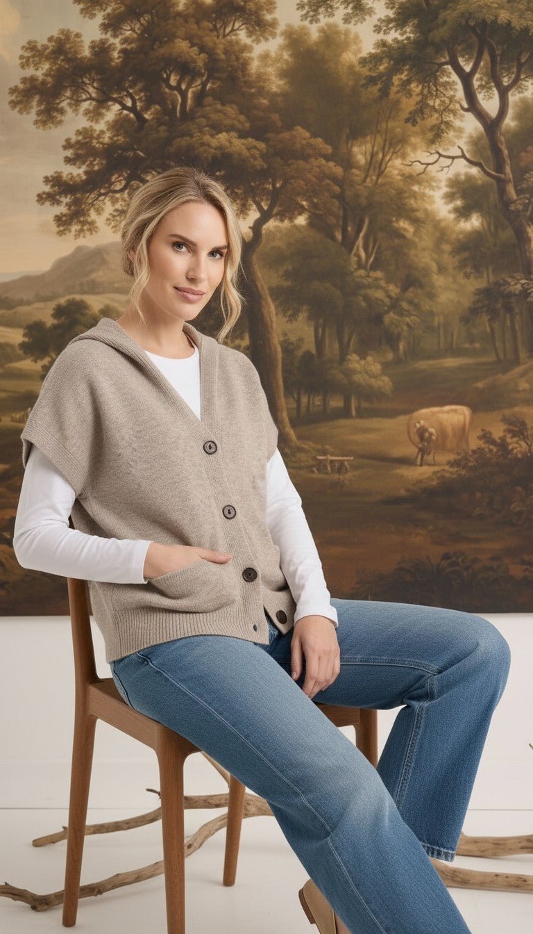 graced taupe button down hooded vest worn over a white long sleeve shirt and blue jeans by a woman on a wooden chair
