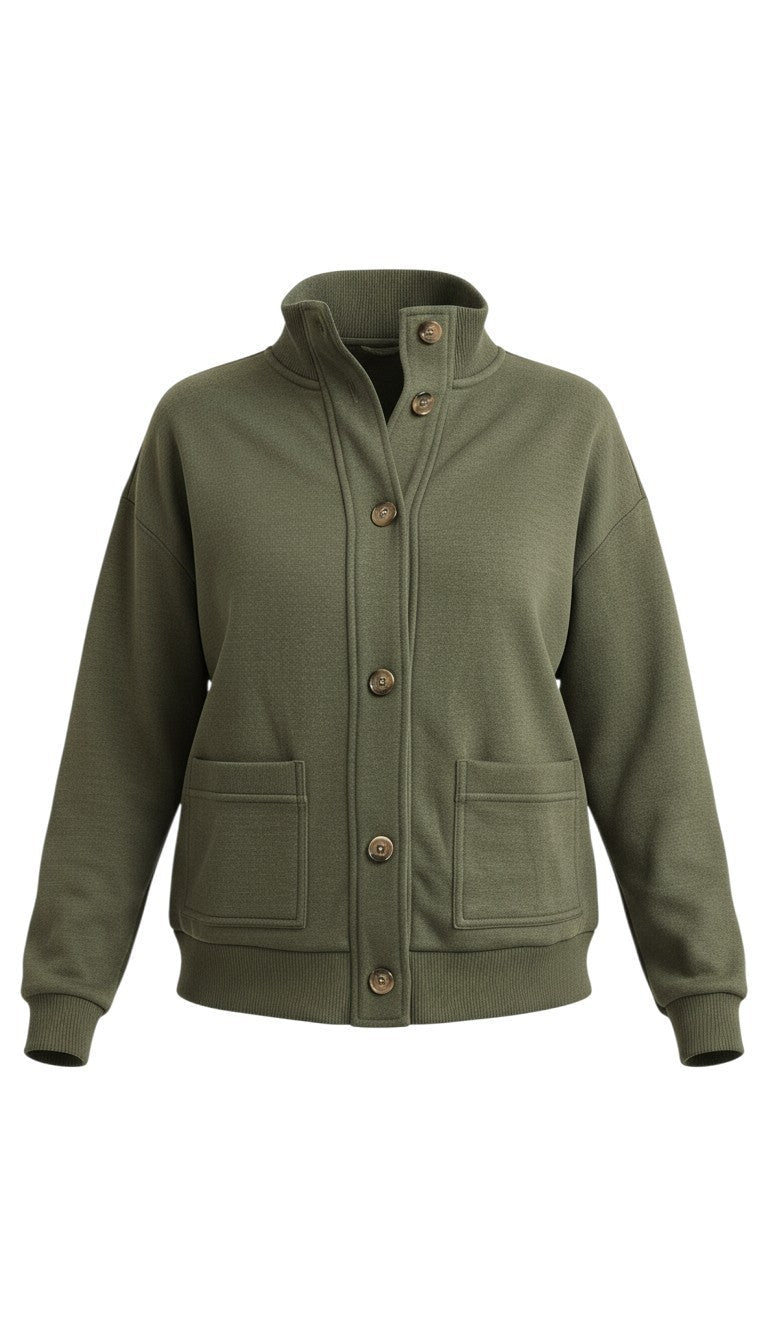 graced olive button down mock neck cardigan with front pockets and ribbed cuffs in a relaxed fit