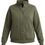 graced olive button down mock neck cardigan with front pockets and ribbed cuffs in a relaxed fit