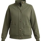 graced olive button down mock neck cardigan with front pockets and ribbed cuffs in a relaxed fit