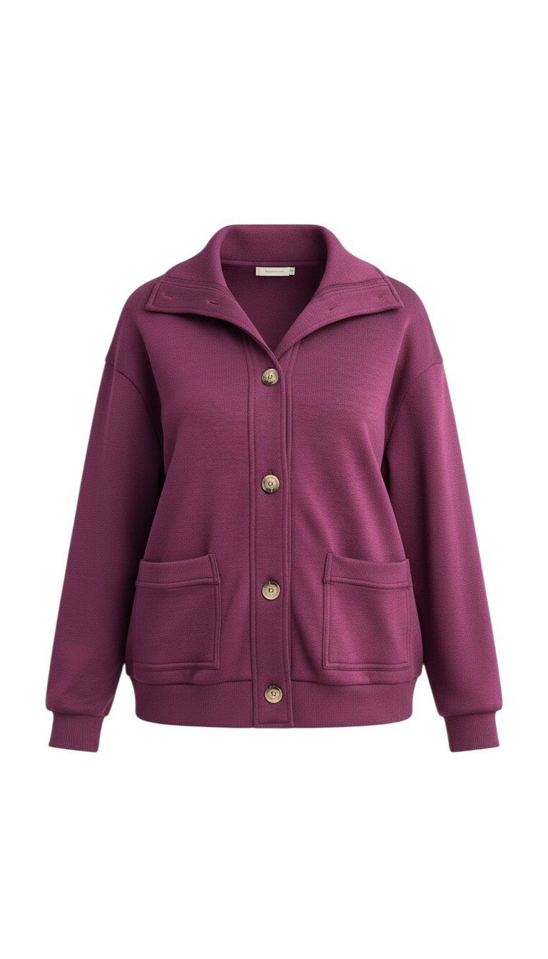 graced wine button-down mock neck cardigan with front pockets and a relaxed fit in polyester and spandex blend