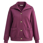 graced wine button-down mock neck cardigan with front pockets and a relaxed fit in polyester and spandex blend
