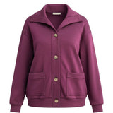 graced wine button-down mock neck cardigan with front pockets and a relaxed fit in polyester and spandex blend