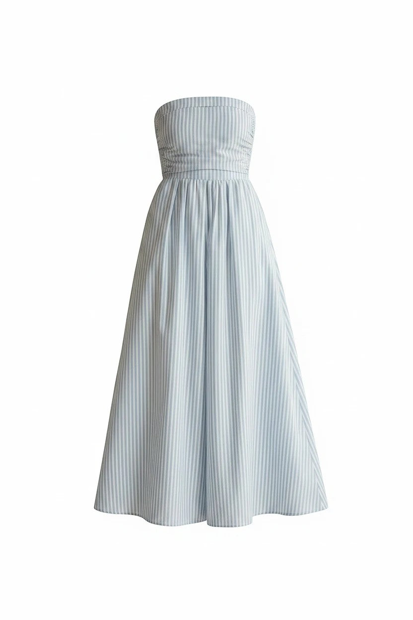 Blue and white striped strapless maxi dress by By Together, flowing fabric with a fitted bodice and full-length skirt.